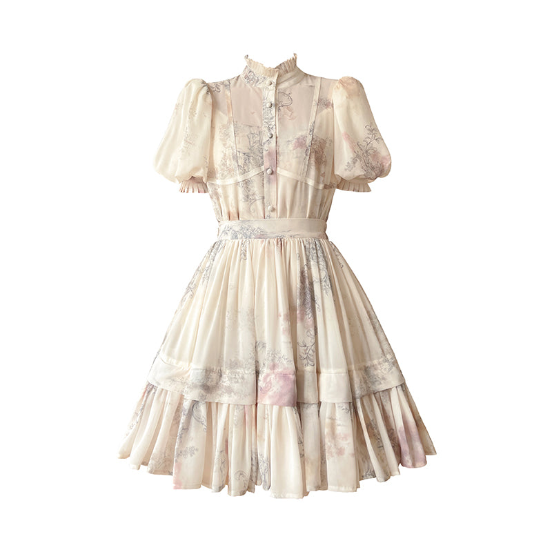 Aconiconi French puff short-sleeved shirt, tank layered printed skirt -  Kono's love letter