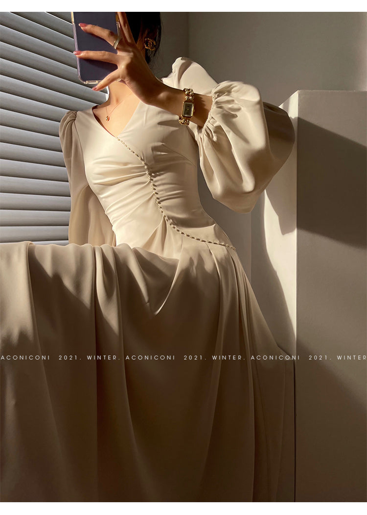 Aconiconi|Classic Simple French Tea Break Light Luxury High Sense Dress Long Skirt- Eloisa