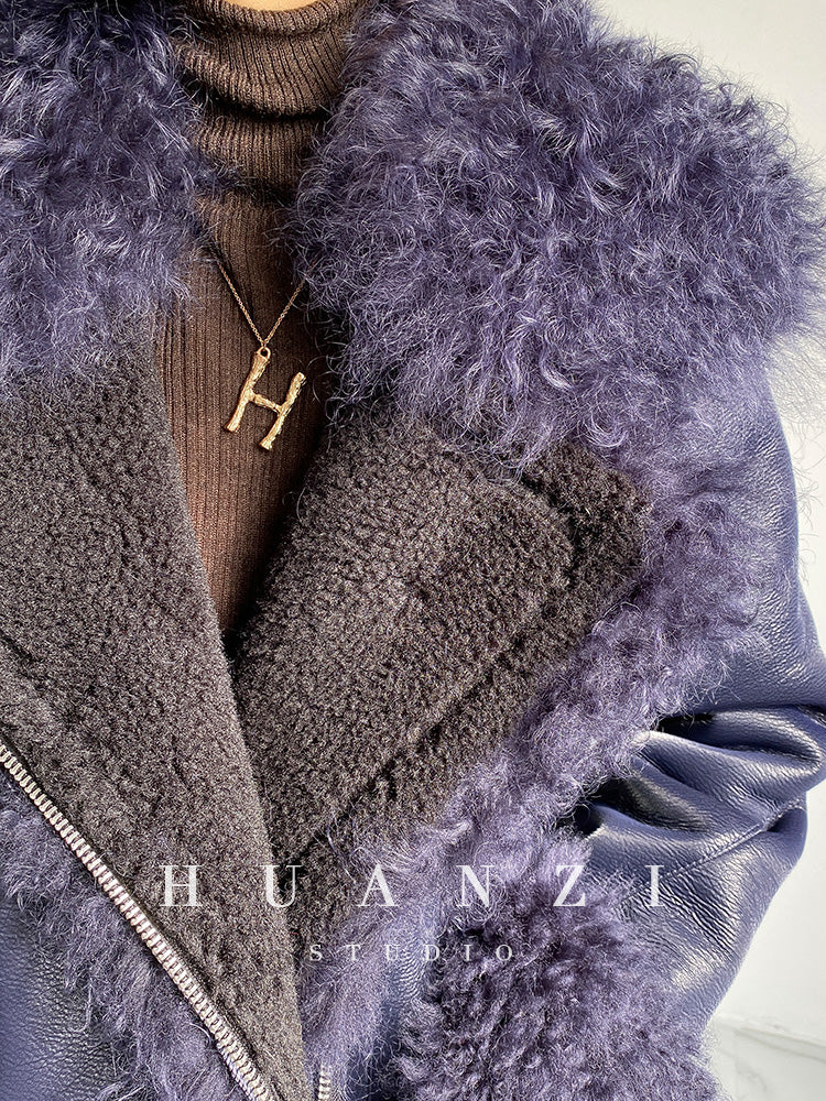 Huanzi custom craft winter fur one-piece wool lamb collar leather jacket - Sioed