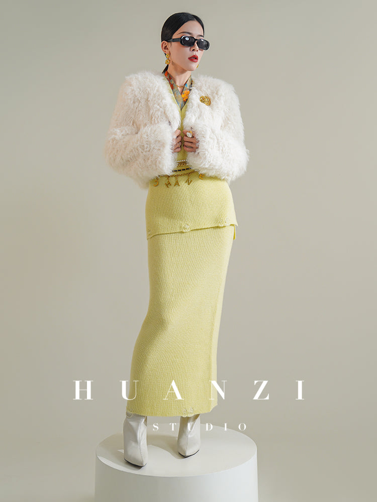 Huanzi custom knitted elegant fashion minimalist lazy V-neck suit fishtail skirt vest cardigan autumn and winter women