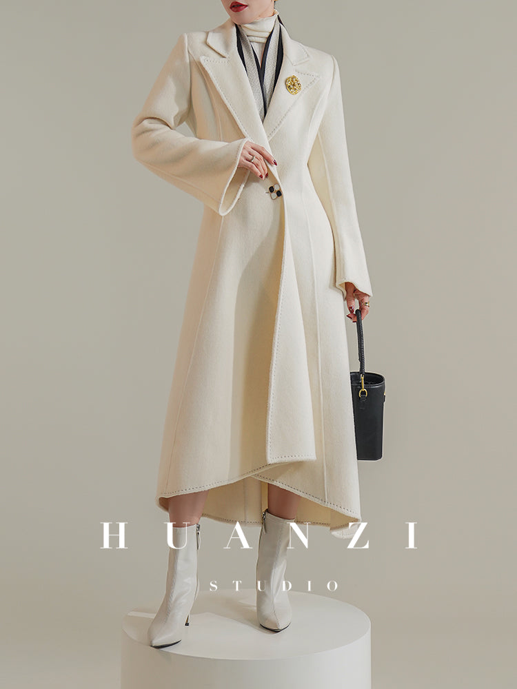 Huanzi custom double-sided cashmere coat women's black woolen coat fishtail slim fit and thin- Baty