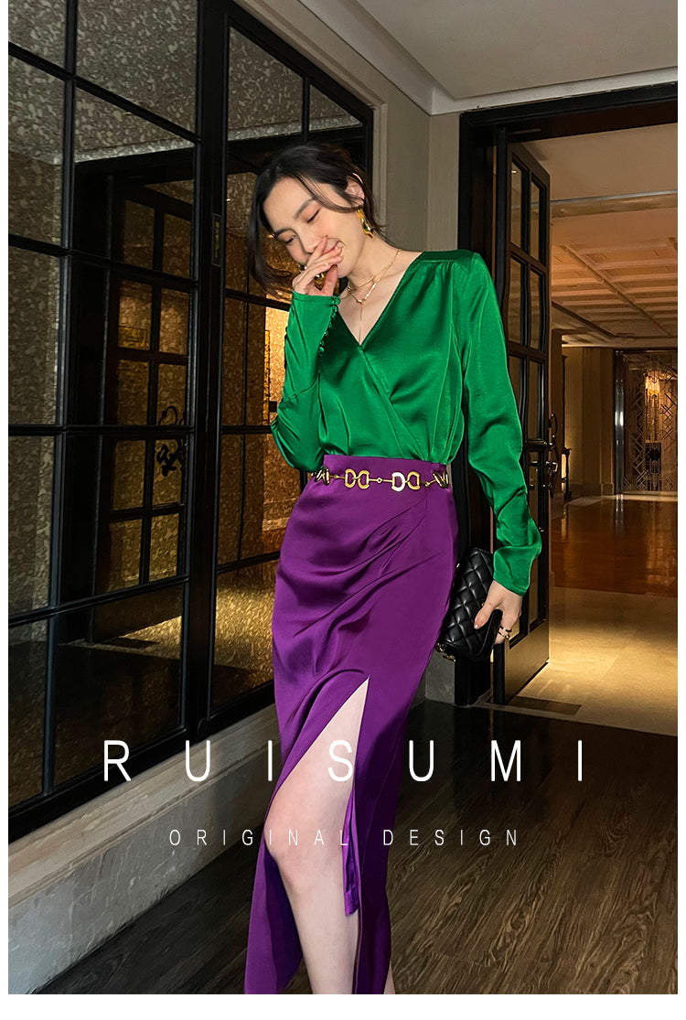 Retro jewel green V-neck shirt top + pencil slit pleated purple skirt suit set - Natu