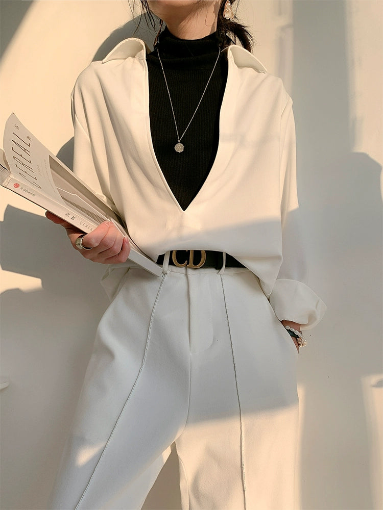 White V-neck v neck shirt long-sleeved shirt -Mmia