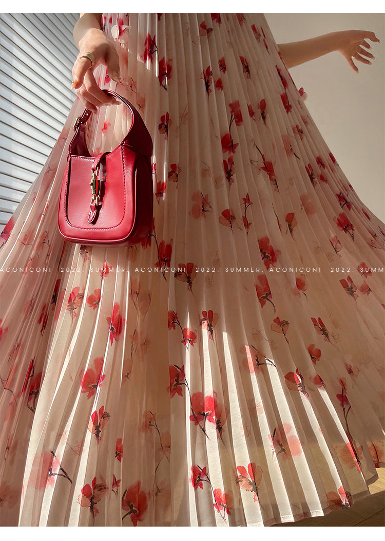 Aconiconi|Flower heavy pleated French romantic vacation style loose sling midi dress - chimes