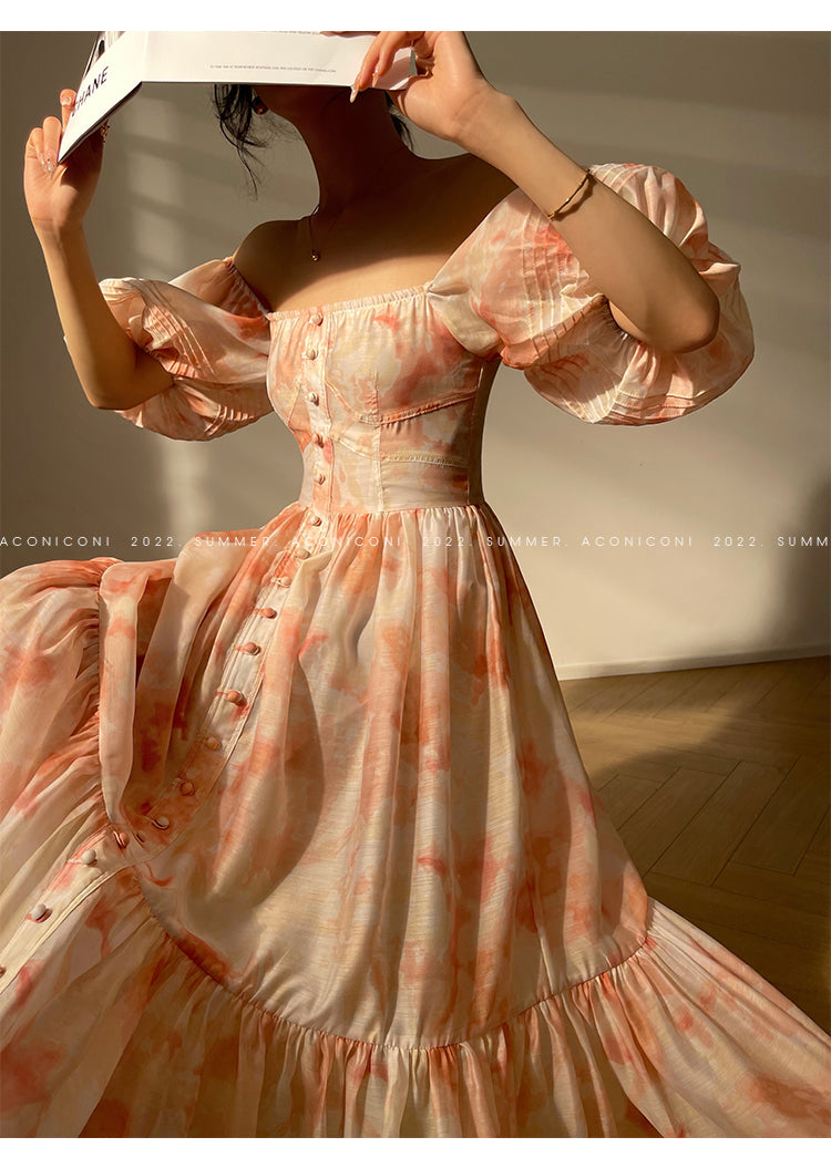 Aconiconi|Romantic elegant French puff sleeve off-shoulder high-end midi dress - Flower Moon