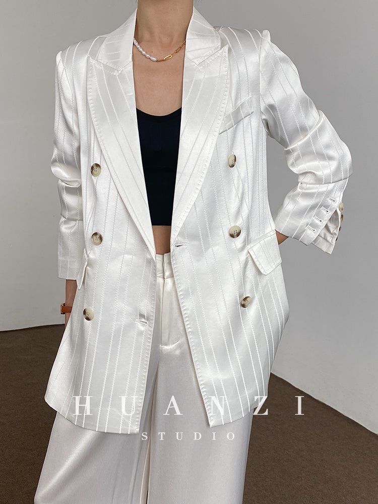 Huanzi high end tri-acetic satin drape high-end suit white silk blazer suit -Bioba