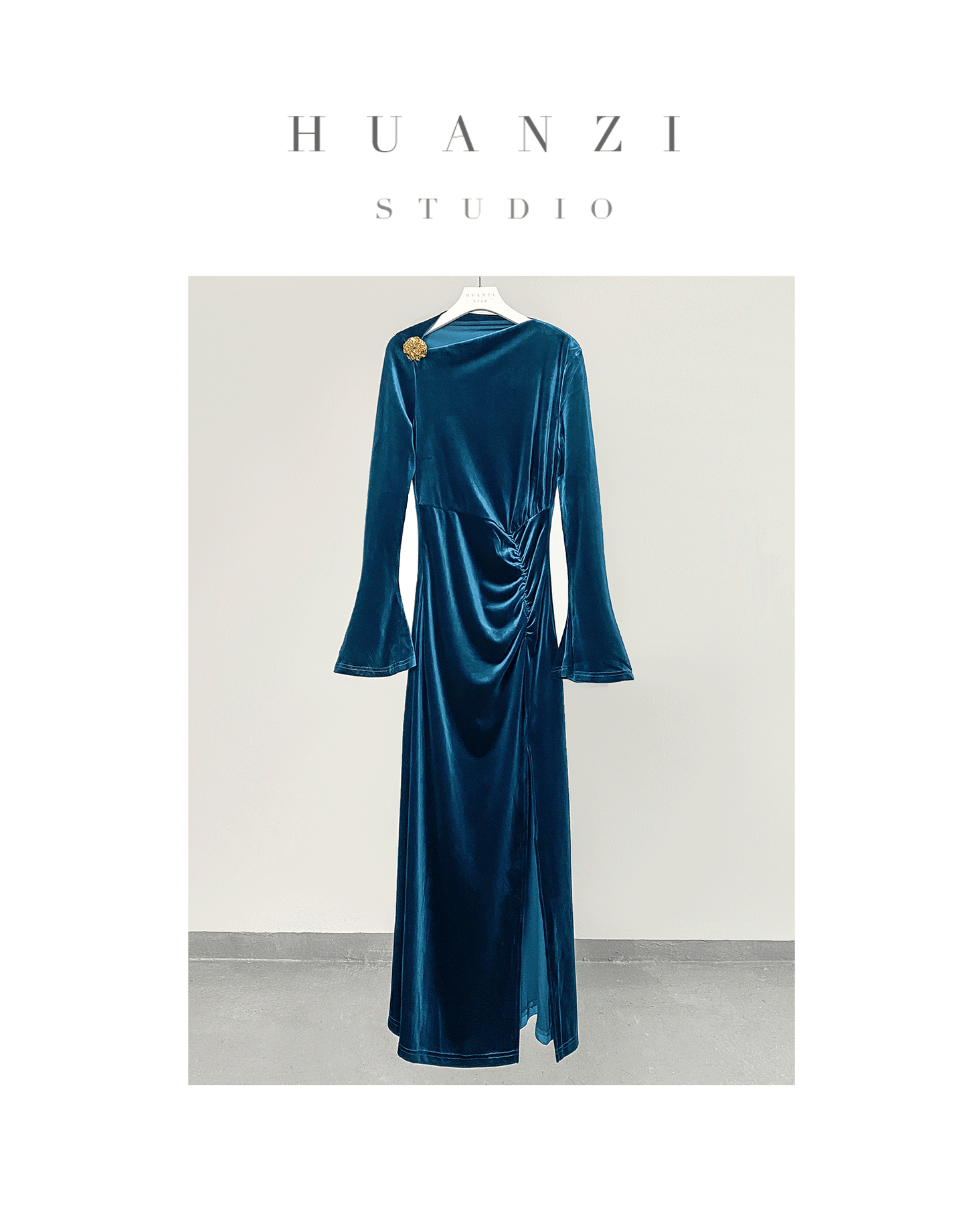 Huanzi new elegant slanted collar acetate velvet waist slit dress mid-length female- Eli