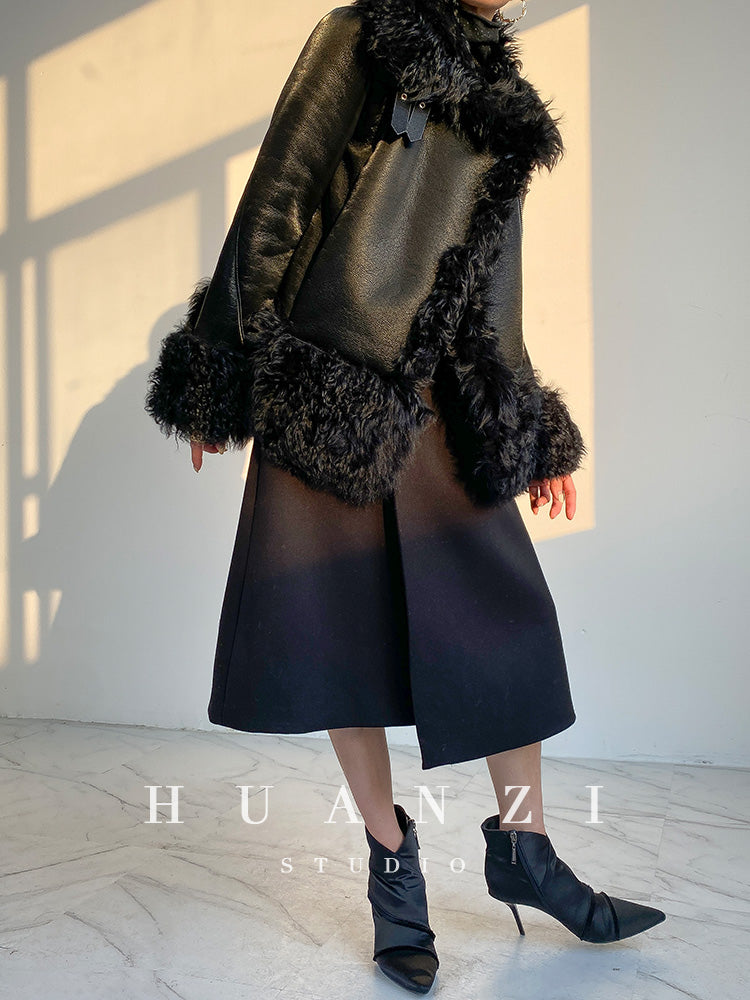 Huanzi custom craft winter fur one-piece wool lamb collar leather jacket - Sioed
