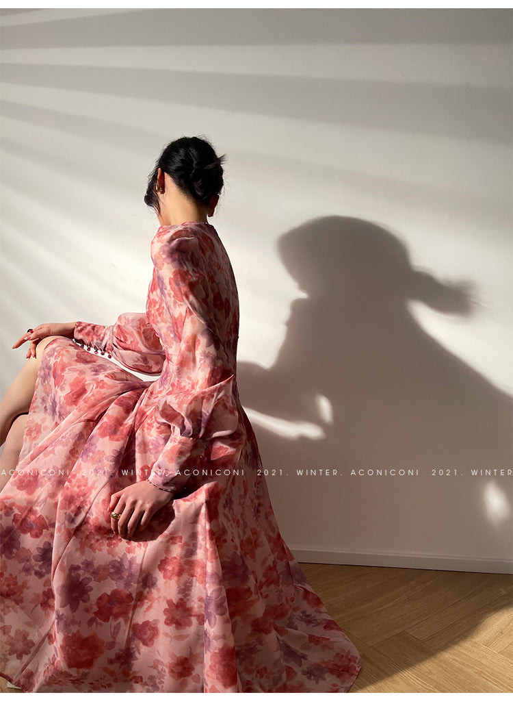 Aconiconi|Romantic French print luxury handmade haute couture beaded v-neck midi dress - Pilore