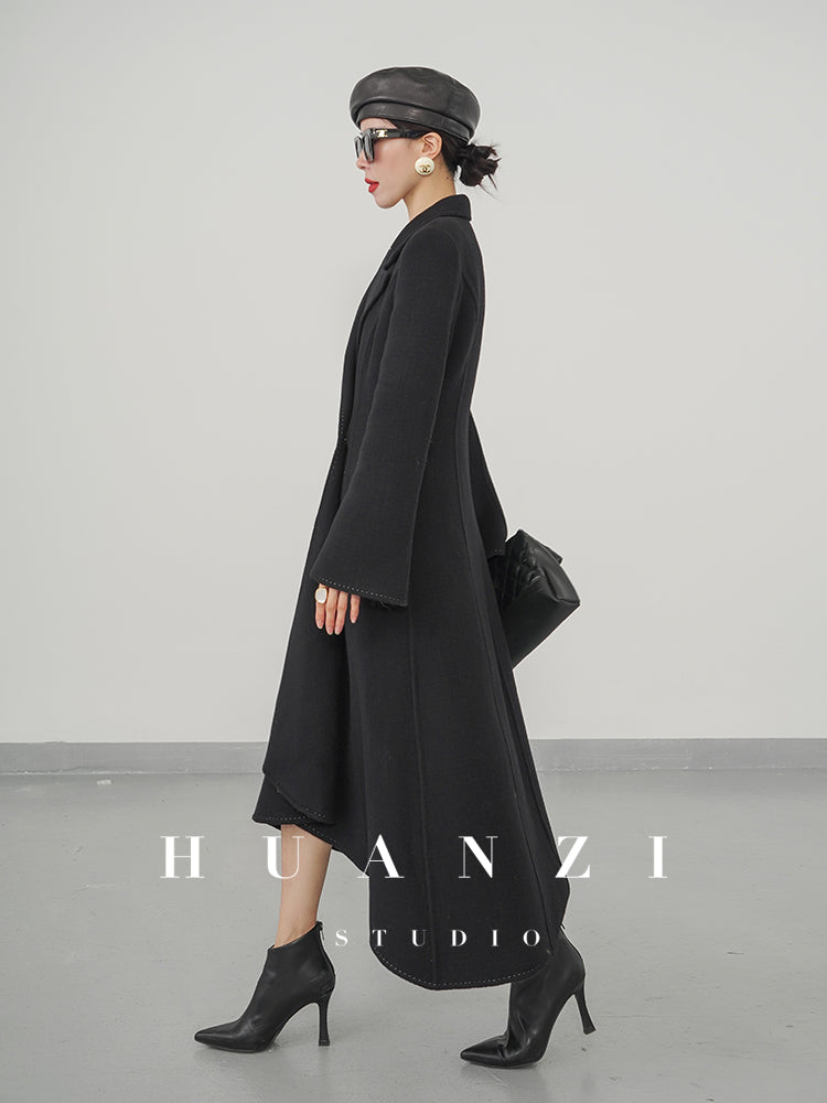 Huanzi custom double-sided cashmere coat women's black woolen coat fishtail slim fit and thin- Baty