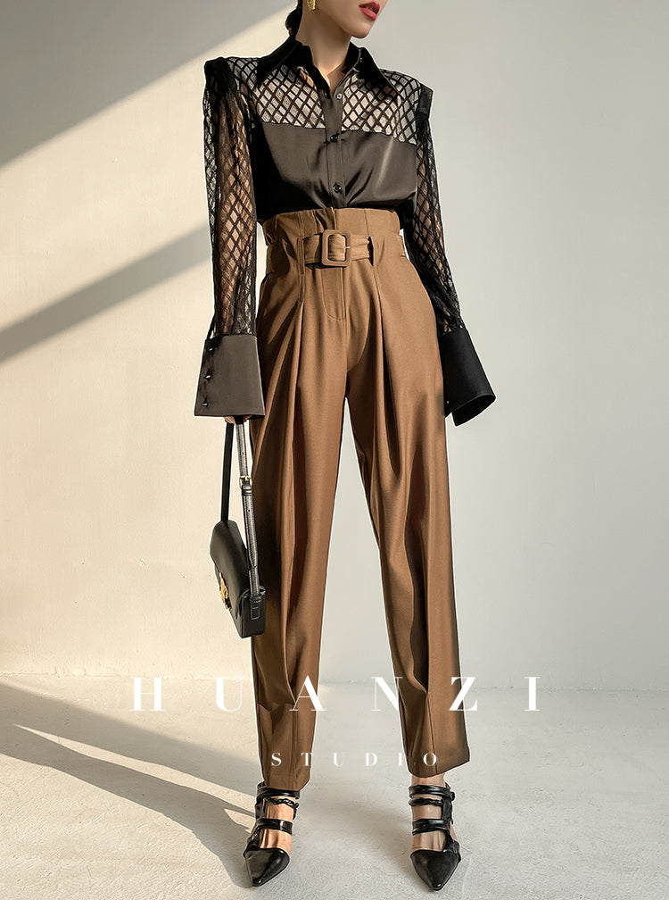 Spring summer fashion high waist loose straight belt radish pants trousers - Tima
