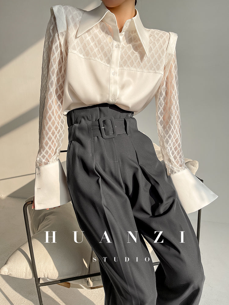 Huanzi high end custom lace plaid satin angle shoulder shirt - Bisrs