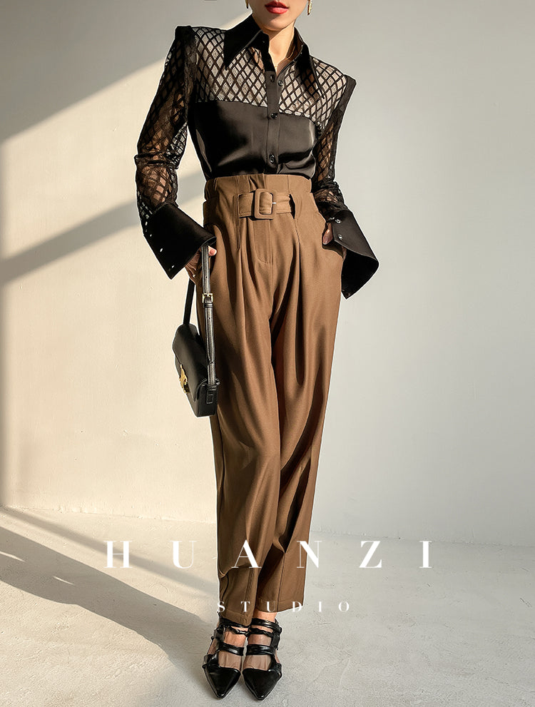 Spring summer fashion high waist loose straight belt radish pants trousers - Tima