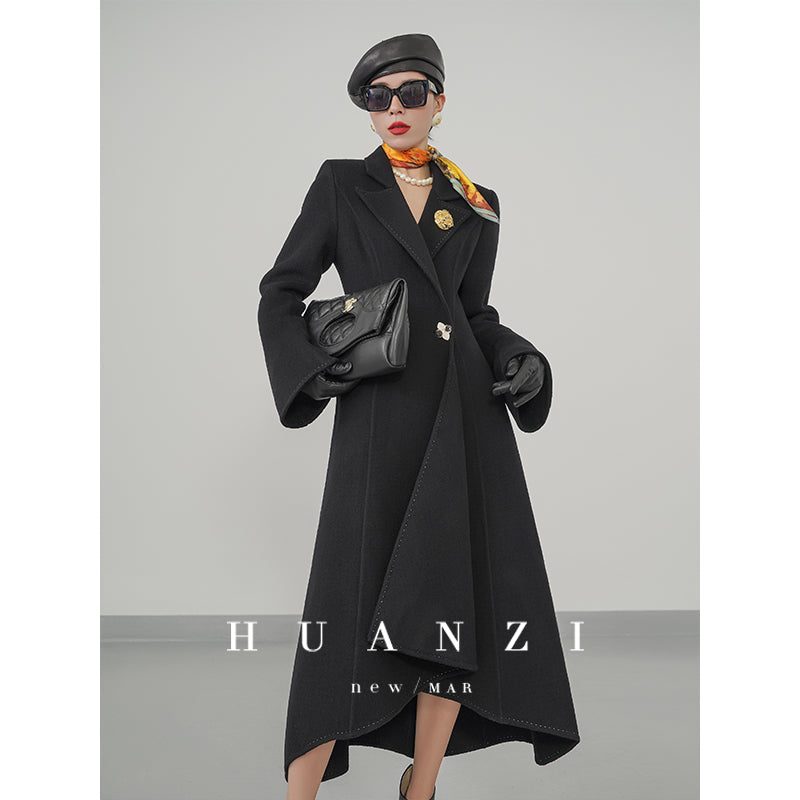 Huanzi custom double-sided cashmere coat women's black woolen coat fishtail slim fit and thin- Baty