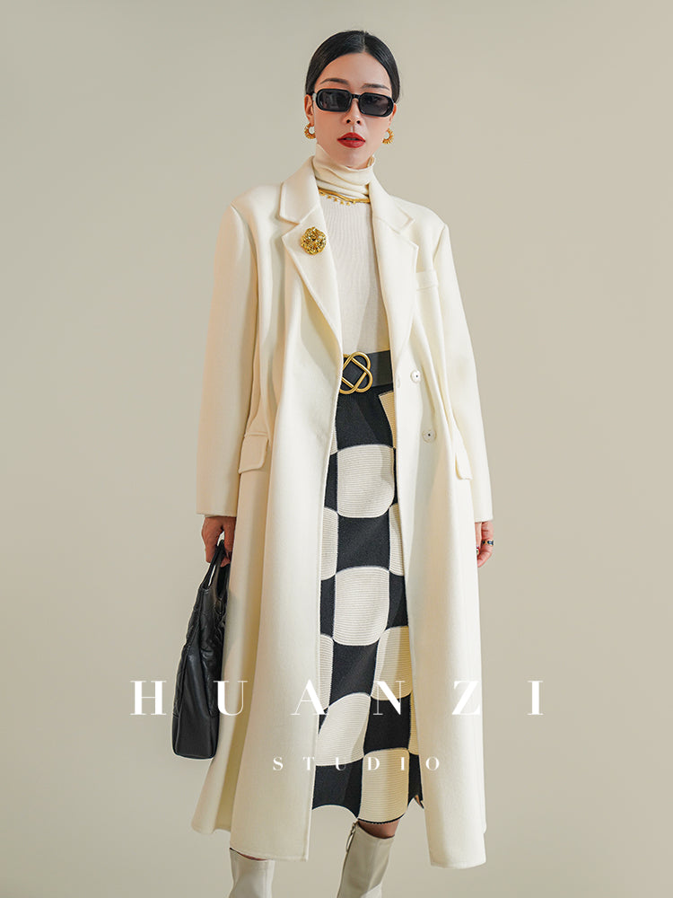 Huanzi high-definition wool pure hand-sewn double-sided woolen mid-length coat- Randy