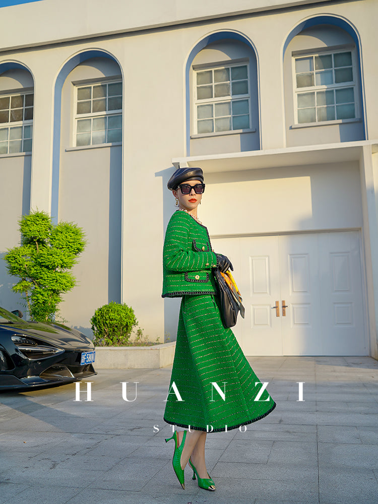 Huanzi tweed wool small suit autumn and winter new green short coat suit set- Lilibeth
