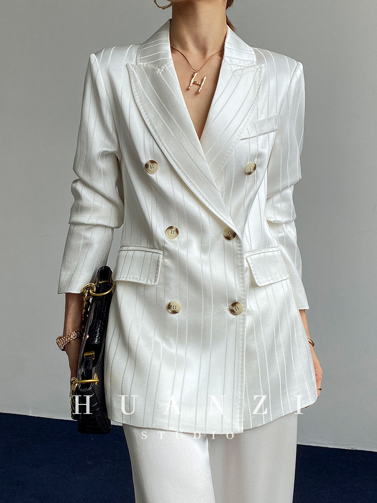 Huanzi high end tri-acetic satin drape high-end suit white silk blazer suit -Bioba