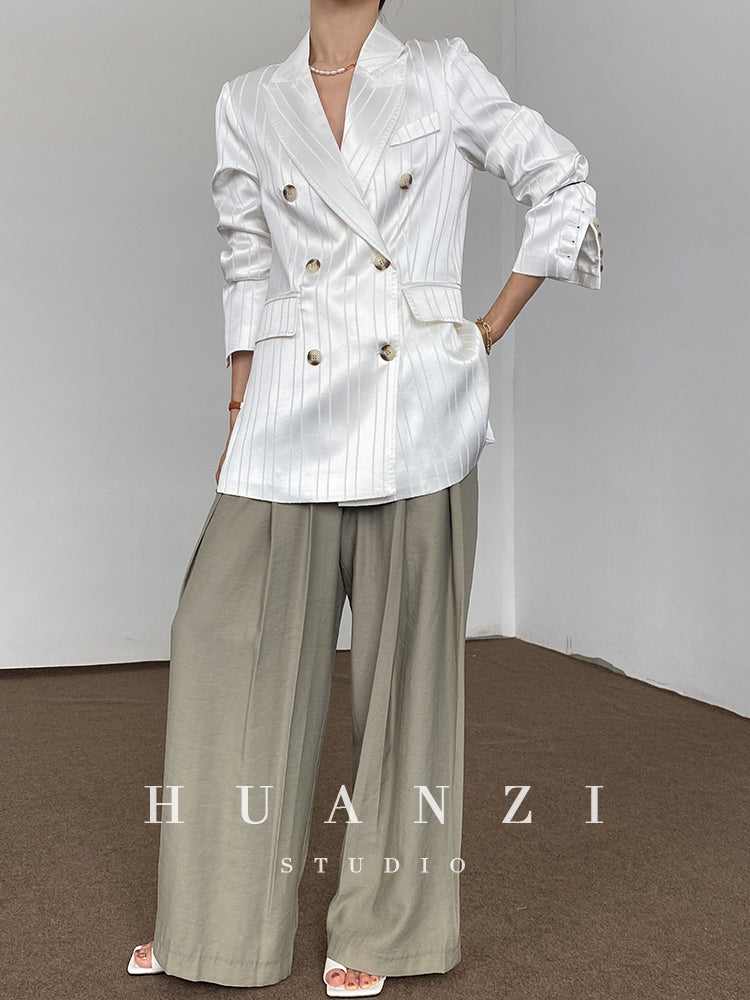 Huanzi high end tri-acetic satin drape high-end suit white silk blazer suit -Bioba