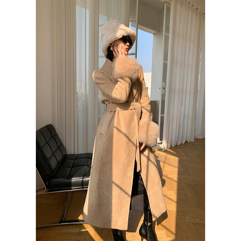 Beige WANXO vegann fur waist tie woolen coat new fashion medium and long woolen coat- Katy