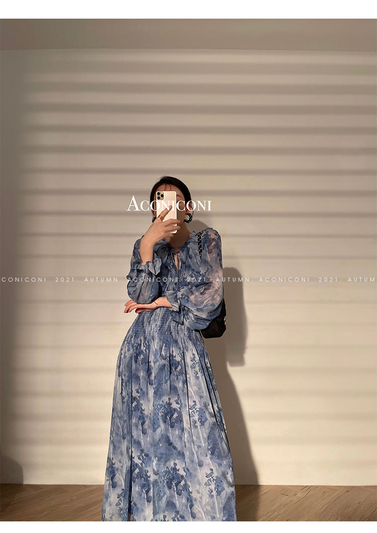 Aconiconi|French elegant blue print spring summer dress - hiju