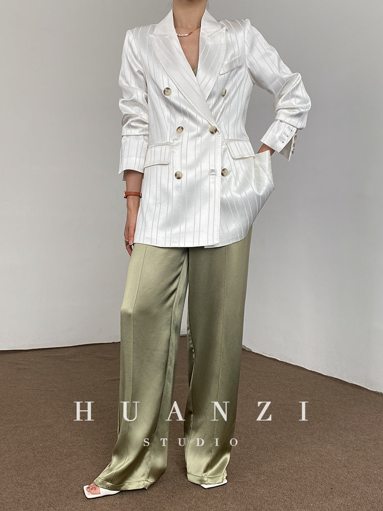 Huanzi high end tri-acetic satin drape high-end suit white silk blazer suit -Bioba