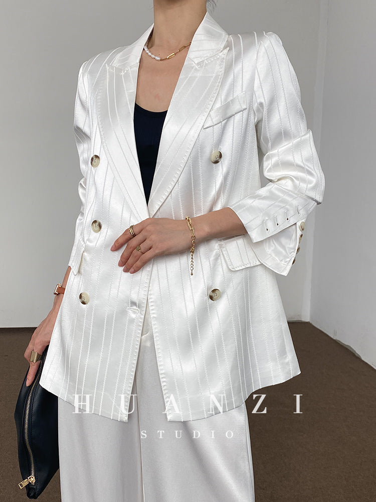 Huanzi high end tri-acetic satin drape high-end suit white silk blazer suit -Bioba