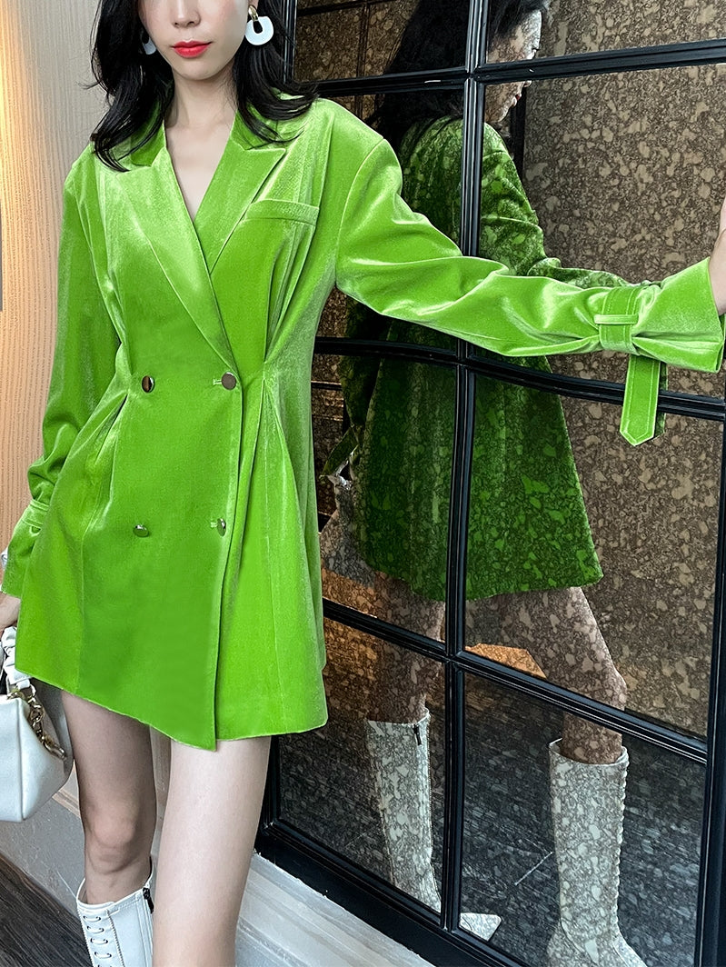high-end bright green velvet suit waist pleate jacket dress - Doeai L / green high-end bright green velvet suit waist pleate jacket dress - Doeai L / green