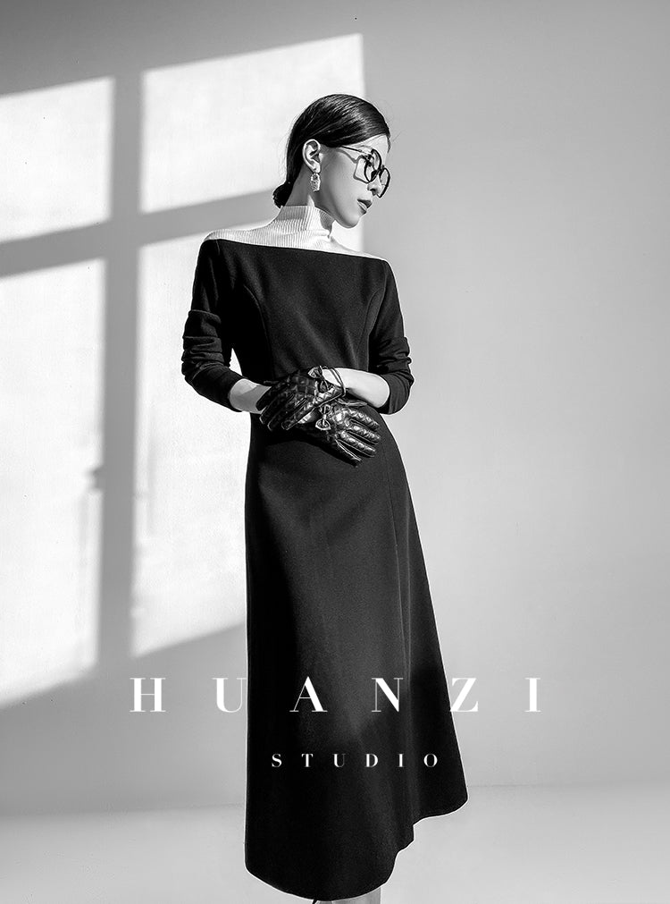 Huanzi new elegant classic black high turtle neck dress - Kios