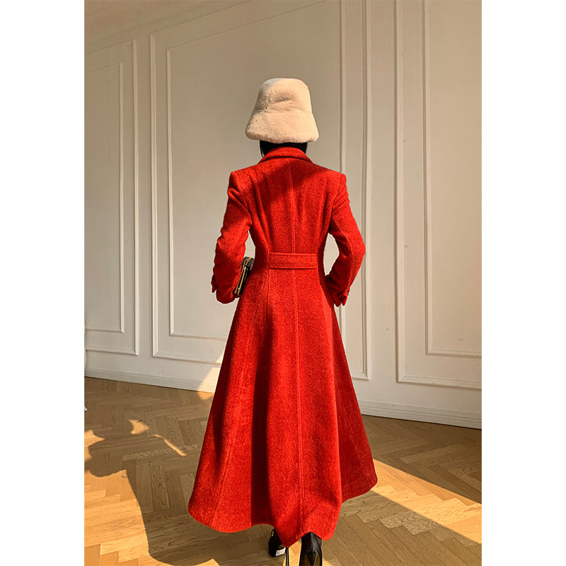 WANXO French red Hepburn style woolen coat new waist and thin long woolen coat- Crissy