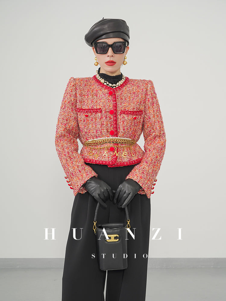 Huanzi custom 2022 autumn and winter new high-definition handmade red tweed temperament lady style small fragrant wind jacket female