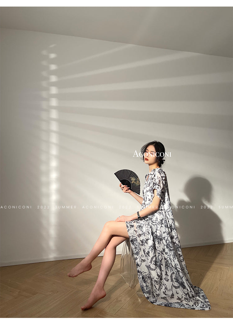 Aconiconi|Calligraphy Art Print Halter Neck Off Shoulder Long Dress - Anne Love
