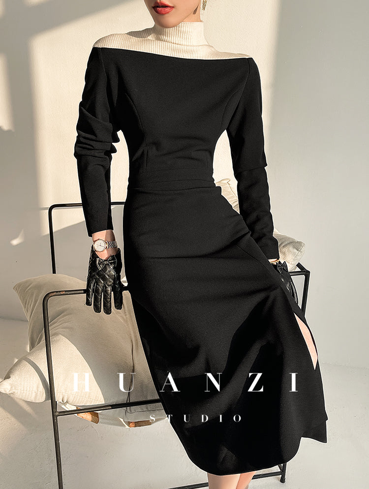 Huanzi new elegant classic black high turtle neck dress - Kios