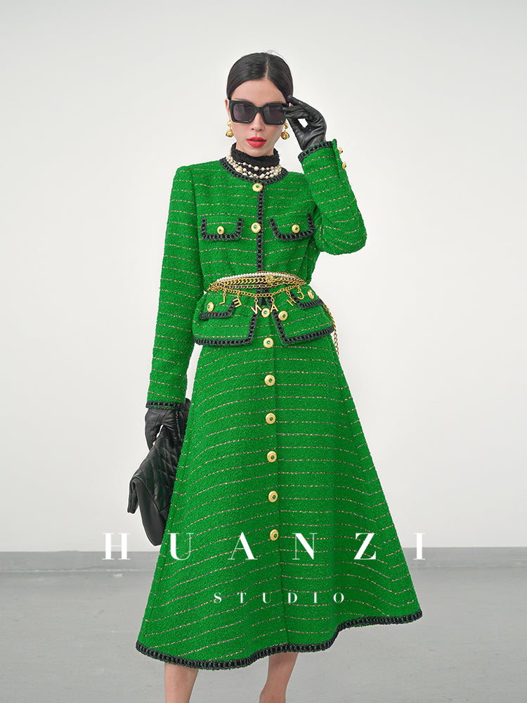 Huanzi tweed wool small suit autumn and winter new green short coat suit set- Lilibeth