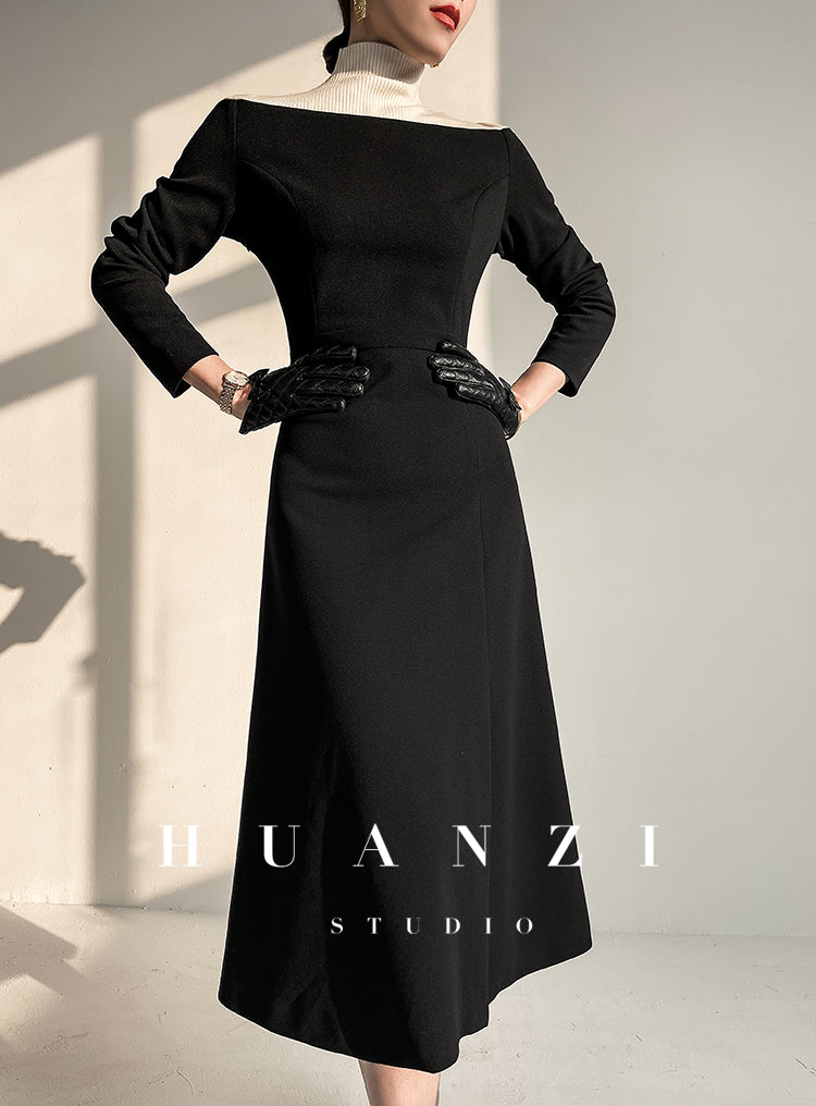 Huanzi new elegant classic black high turtle neck dress - Kios