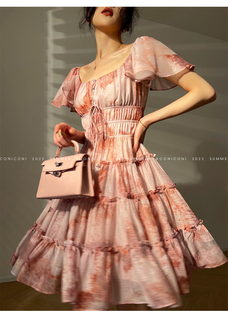 Aconiconi|Fireworks French Print High end Design flowy floral Dress - Atami