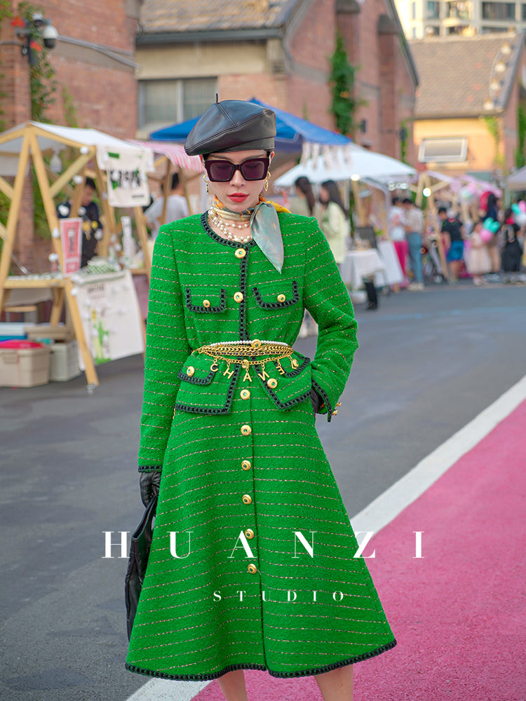 Huanzi tweed wool small suit autumn and winter new green short coat suit set- Lilibeth