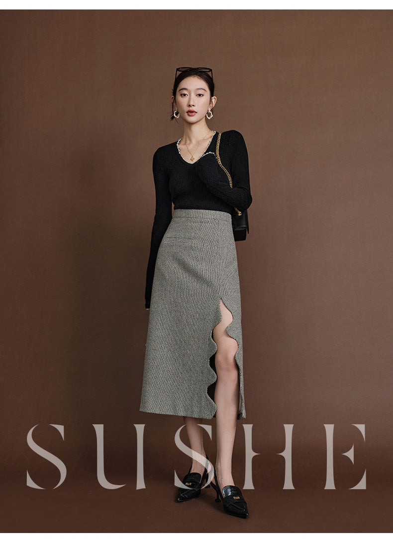 SUSHE Heavy Elegant Wave Slit Spring Skirt - monet vision