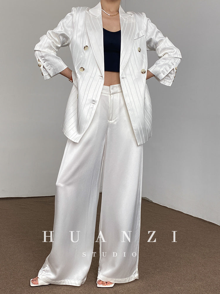 Huanzi high end tri-acetic satin drape high-end suit white silk blazer suit -Bioba