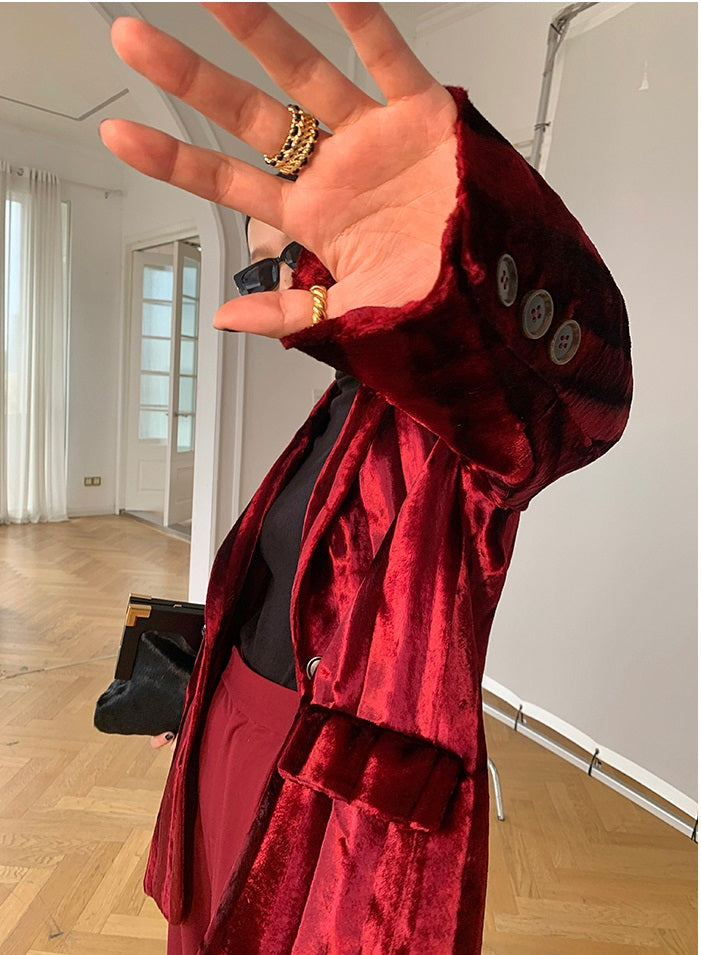 WANXO wine red acetate velvet suit jacket new high-end silhouette coat- Serena