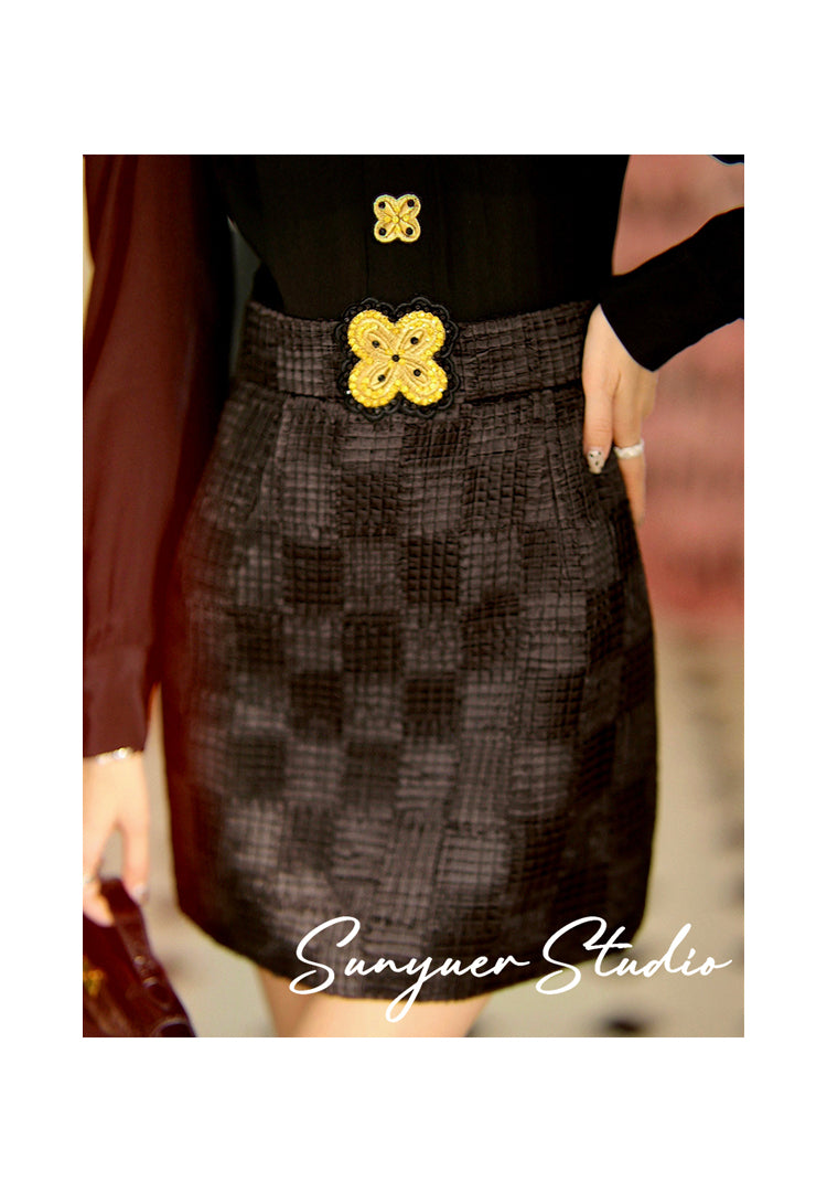 Black gold buttons embroidered beaded bow long-sleeved dress- Otia