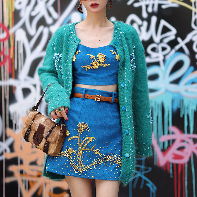 Blue autumn fall winter Wool hand-beaded yellow crystal stones top + skirt two-piece set