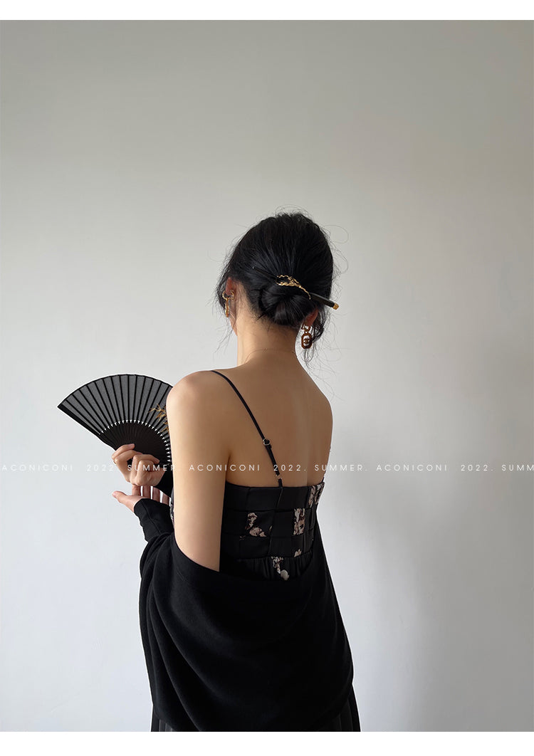 Aconiconi|Luxury French japanese retro print tube top suspender loose dress - Kimiko