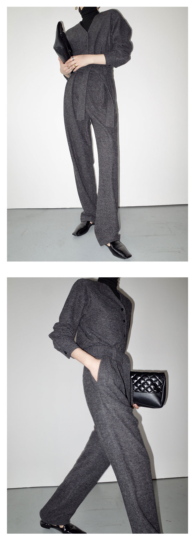 V-neck knitted wool drape wide-leg trouser jumpsuit - Mopai