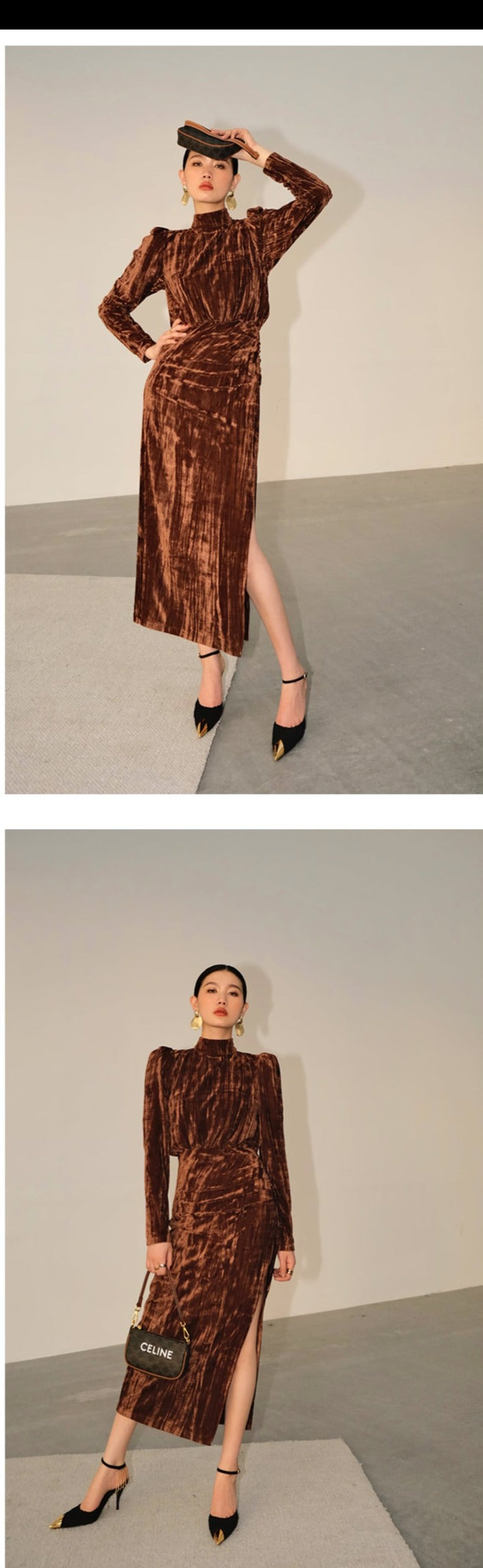 Vintage Retro highend half Turtleneck Side Slit Velvet dress - Kibeds cocoa brown