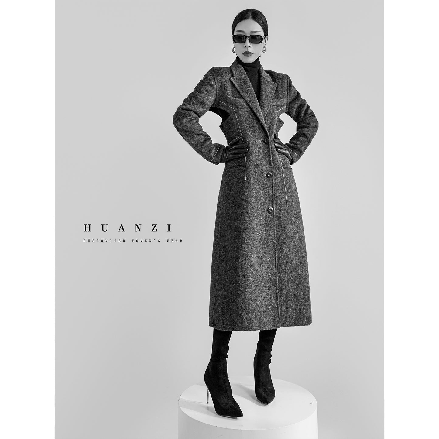 Huanzi  new high-end color waist sheep wool double-sided woolen coat- JJ