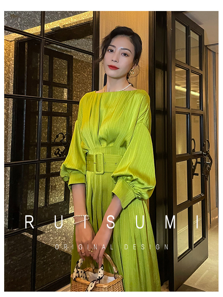French romantic light luxury satin pleated waist lantern bat sleeve midi tea dre - Aplss