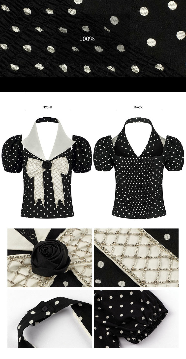 Retro Hepburn inspired black high waist pleated skirt puff sleeves chiffon top two piece suit set- Chia