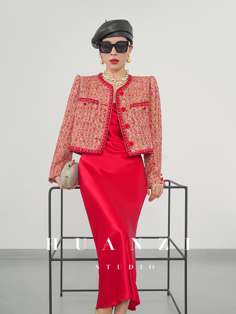 Huanzi custom 2022 autumn and winter new high-definition handmade red tweed temperament lady style small fragrant wind jacket female
