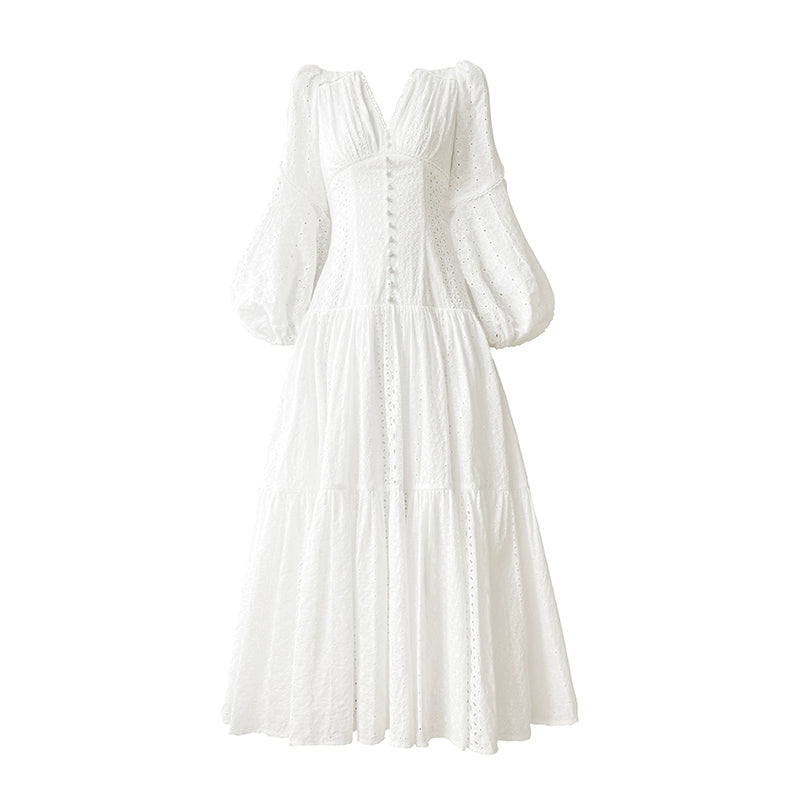 Aconiconi| French coffee break lace cotton white dress - Smoke