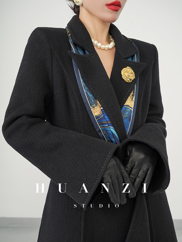 Huanzi custom double-sided cashmere coat women's black woolen coat fishtail slim fit and thin- Baty